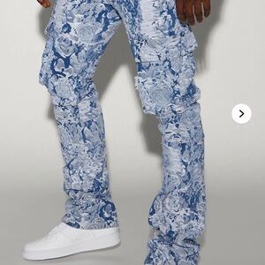 Mens 38 Tapestry Denim Distressed Ripped Torn Jeans Cargo Pants Blue White